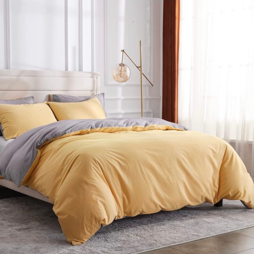 Duvet Cover Set Cal King Size,100% Washed Cotton Light Yellow Grey 3 Piece Bed